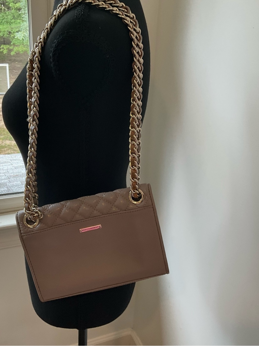 Rebecca Minkoff Quilted Shoulder Bag in Taupe with Gold Chain
